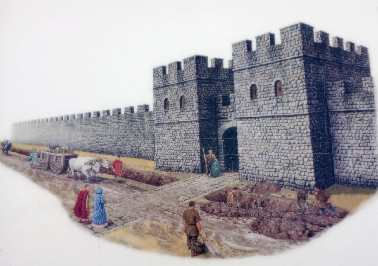 Crenellated walls, gate towers and Fort entrance guarded by Roman soldier, ox-drawn wagon and civilians on foot approaching