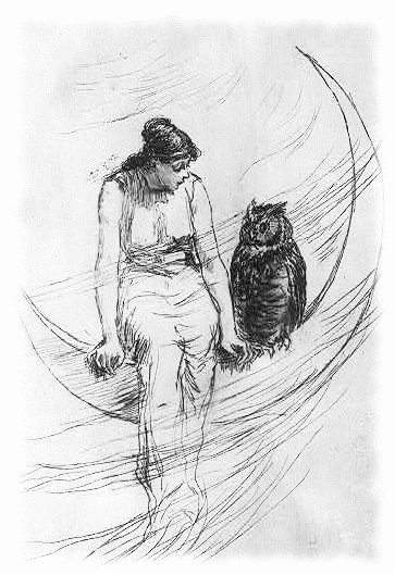 A witch and her owl familiar sit on a crescent moon. Image in the public domain.