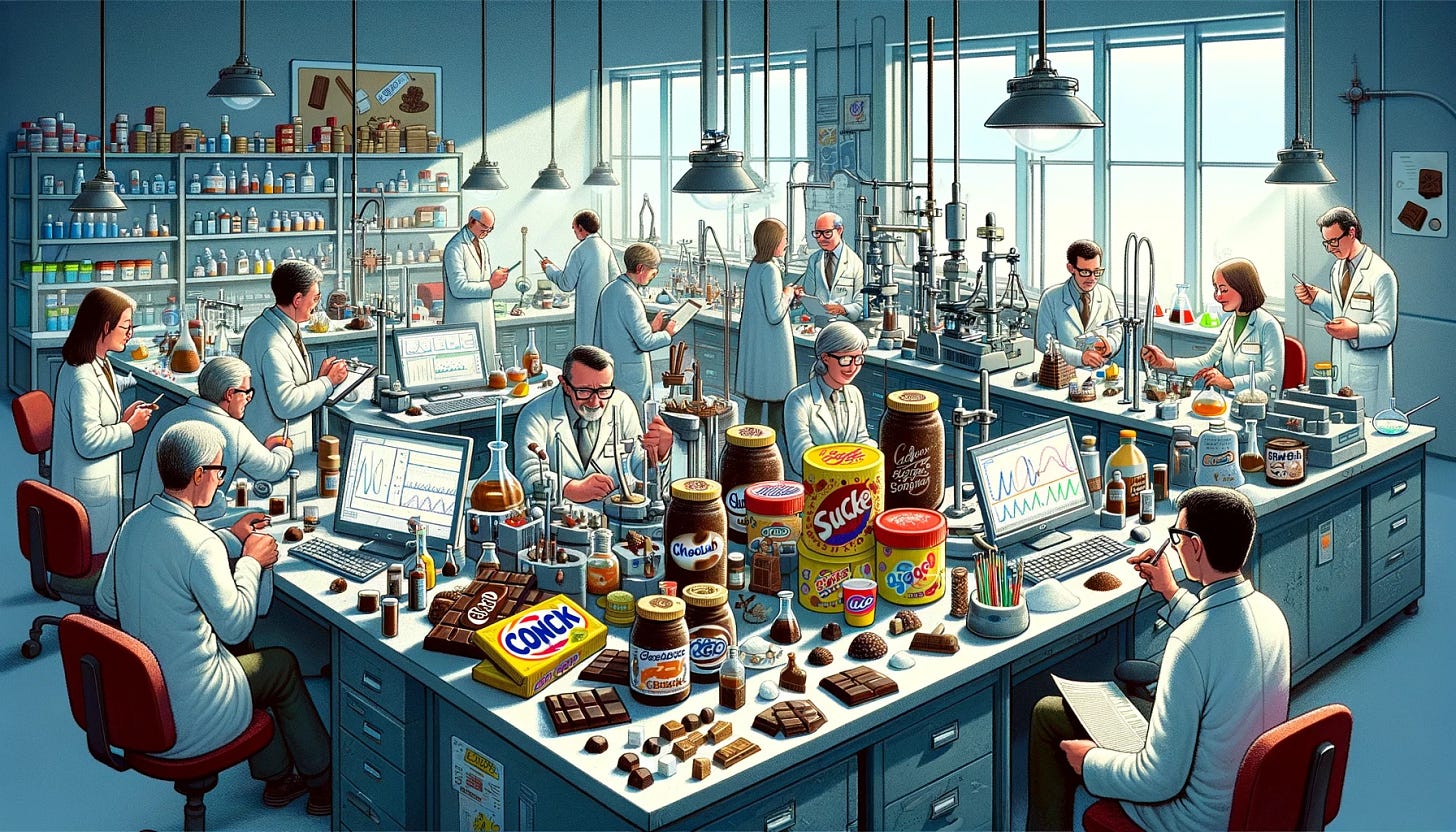 Create a 16:9 cartoon that humorously illustrates a group of scientists receiving funding from the chocolate and sugar industries. The scene shows the scientists in a laboratory setting, surrounded by scientific equipment, but with noticeable elements related to chocolate and sugar, such as chocolate bars, sugar cubes, and candy jars, subtly integrated into the lab environment. Some scientists are conducting experiments while others are in discussions or examining data on computers, with visible logos or symbols of chocolate and sugar companies as their sponsors. The tone is light-hearted and satirical, aiming to gently poke fun at the idea of industry-funded research, highlighting the juxtaposition between scientific inquiry and the interests of the chocolate and sugar industries.