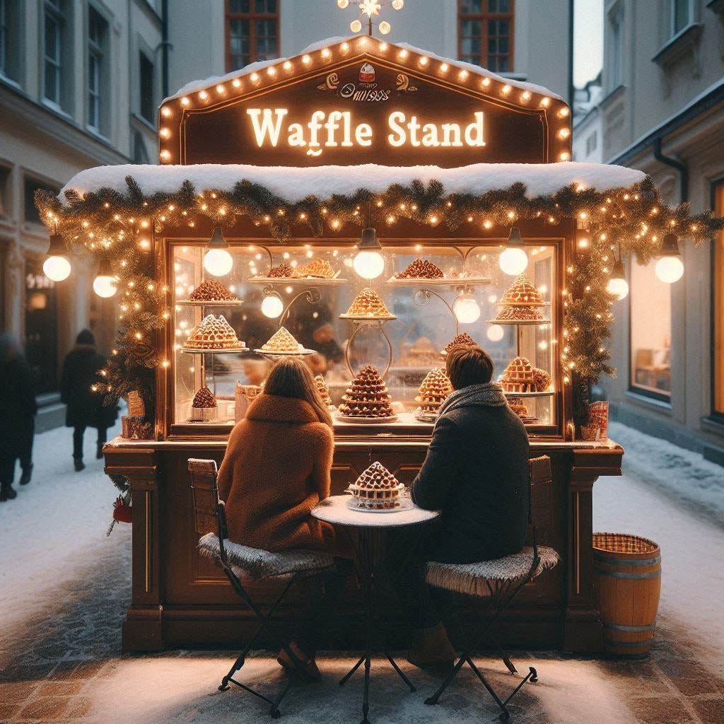 The Waffle Stand: A quaint outdoor waffle stand with a vintage charm, adorned with fairy lights. Amy and Leo are seated at a small table on the terrace, enjoying their waffles topped with rich, melted Swiss chocolate. The warm light from the stand contrasts with the cool, snowy surroundings, creating a cozy ambiance.