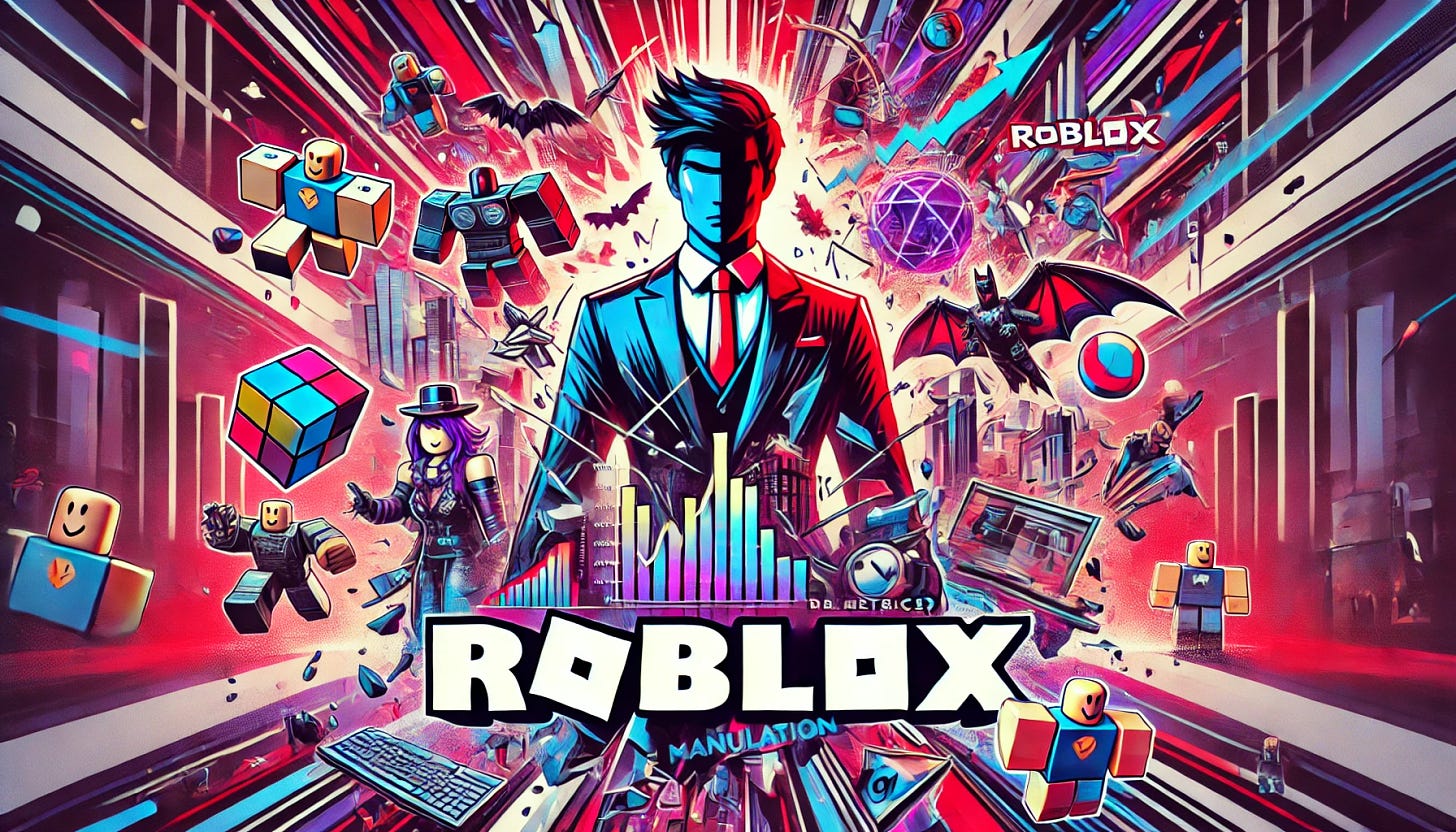 A highly refined and visually striking stylized image representing '¿Manipulación de Métricas? El Escándalo que Sacude a la Plataforma de Juegos Roblox 🎮📉' in a pop-art style. The image should feature the Roblox logo prominently, with dramatic visuals like shattered charts, distorted metrics, and gaming elements like avatars or controllers. Use a vibrant yet balanced color scheme, with reds, purples, and blues, to enhance the urgency and gravity of the situation. The layout should feel energetic, dynamic, and impactful, ensuring all text is perfectly legible and correctly spelled.