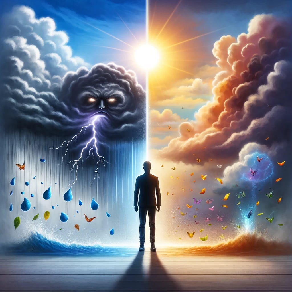 A conceptual illustration depicting the transformation achieved through emotional regulation. The image shows a person standing in the center, divided into two halves. The left side portrays the person in a state of emotional turmoil, with storm clouds and lightning above, symbolizing uncontrolled emotions. The right side shows the same person in a state of calm and balance, with a clear sky and a sun shining above, representing the peace and clarity that comes with mastering emotional regulation. This visual metaphor highlights the stark contrast between the chaos of unmanaged emotions and the tranquility of emotional control, emphasizing the profound change that comes with learning to regulate one's emotional responses.