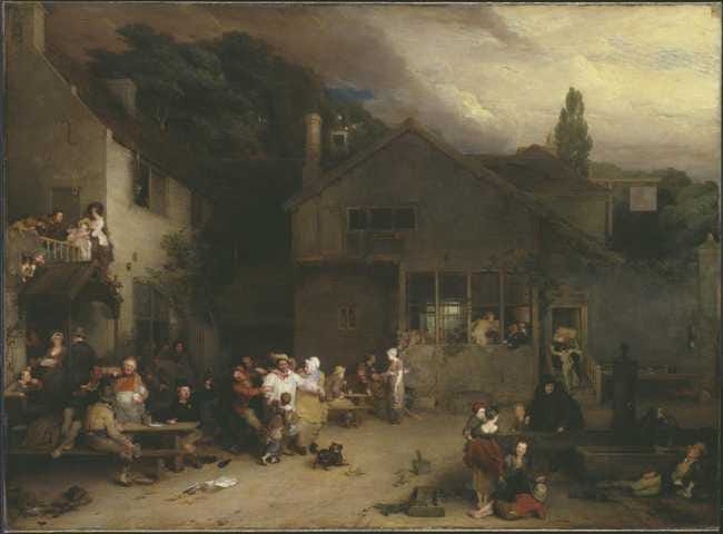 A scene depicting many people outside a pub in 1800s enjoying themselves whilst drunk. The painting is mostly in muted and grey tones which shows that as grey and depressing as life can be that ordinary working folk can still enjoy it.