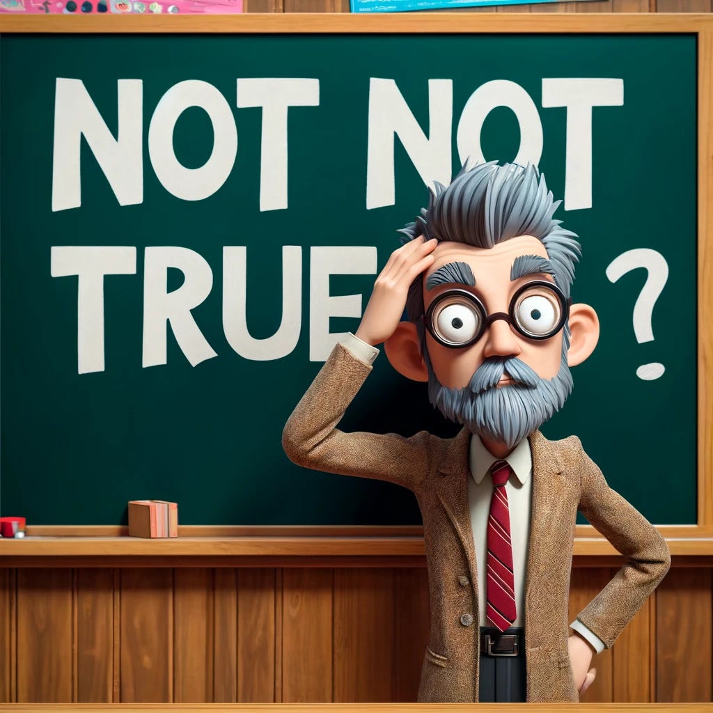 A humorous image of a chalkboard with the phrase 'Not Not True' written on it in large, bold letters. The board is slightly smudged, suggesting frequent use. In front of the chalkboard, a cartoon-like professor with a puzzled expression is scratching his head, wearing round glasses and a tweed jacket. The background is a typical classroom setting with wooden desks and a few colorful posters on the walls.