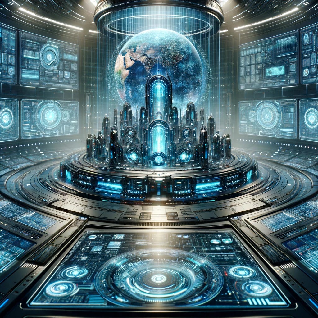 A futuristic, highly advanced sci-fi computer depicted in a powerful and majestic manner, symbolizing its dominance in a non-threatening way. The scene is set in a vast control room filled with holographic displays and intricate, glowing circuits. The computer itself is a large, central structure with sleek, metallic surfaces and numerous luminous screens, showcasing complex data and futuristic interfaces. Above it, a large holographic globe represents its global network, glowing with connections across the world. The room is bathed in a soft, ambient blue light, highlighting the advanced technology and the computer's vast capabilities, in a setting that combines elements of advanced science fiction and awe-inspiring design.