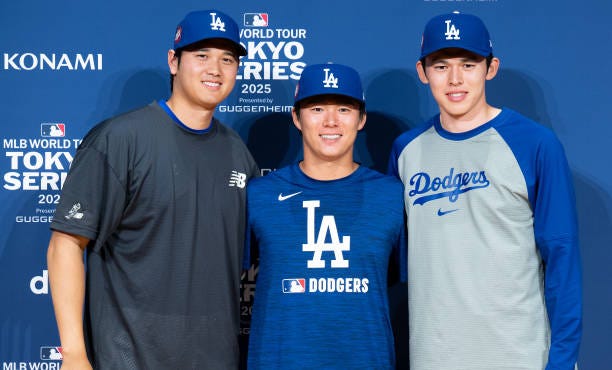 Shohei Ohtani, Yoshinobu Yamamoto and Roki Sasaki of the Los Angeles Dodgers pose during a press conference ahead of the MLB Tokyo Series at Tokyo... Shohei Ohtani, Yoshinobu Yamamoto and Roki Sasaki of the Los Angeles Dodgers pose during a press conference ahead of the MLB Tokyo Series at Tokyo...
