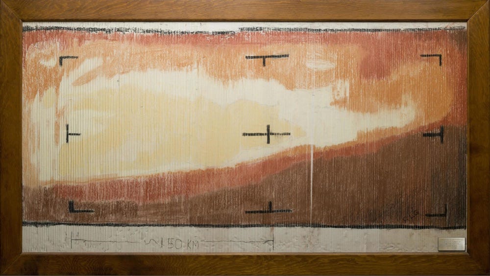 A framed hand drawn image shows a paint by numbers pastel, drawing of the surface of Mars.