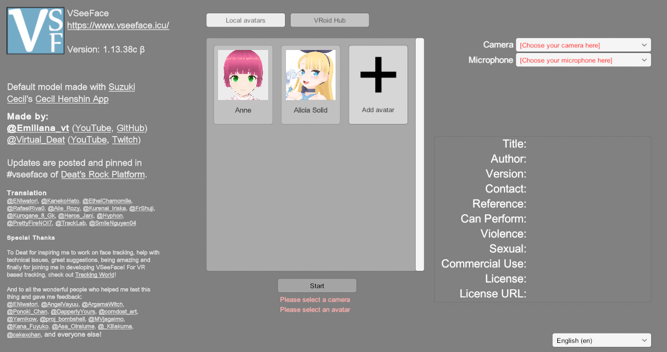 VSeeFace app homepage, with some avatar models and devices to selecting