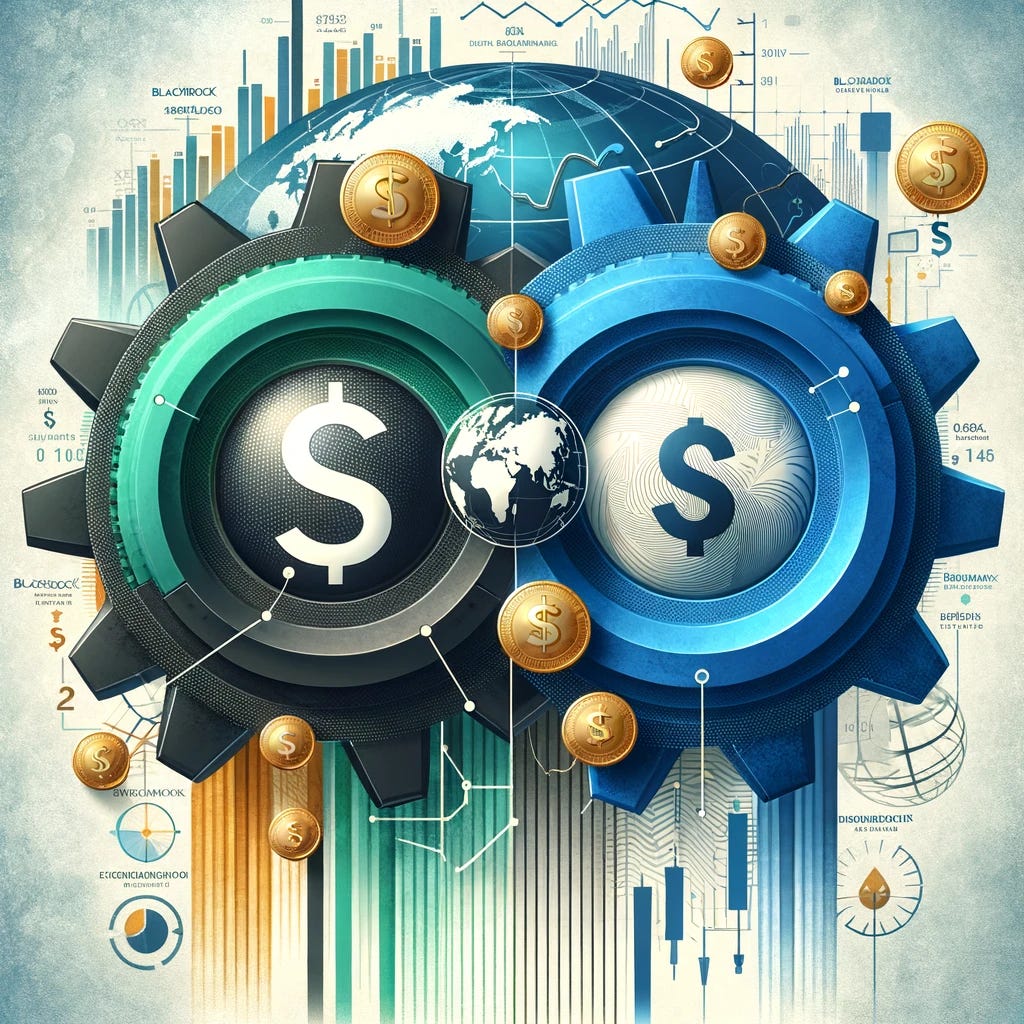 A modern, abstract illustration representing a successful partnership in finance. The artwork should feature two large, interconnected gears, symbolizing BlackRock and Citibanamex, working in harmony. One gear is colored in shades of blue and black, representing BlackRock's global investment expertise, and the other in green and white, symbolizing Citibanamex's local knowledge and heritage. Between the gears, a flow of golden coins and currency symbols (like $ and ₱) should be illustrated, depicting the financial success and growth resulting from this partnership. The background should be elegant and professional, with a subtle hint of financial graphs and market data.