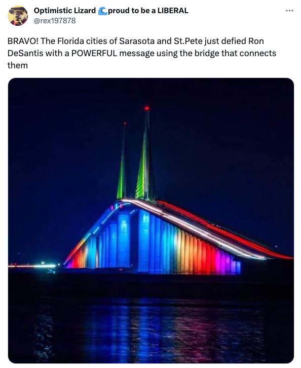 Screenshot of a tweet showing a rainbow bridge between Sarasota and St. Pete, Florida