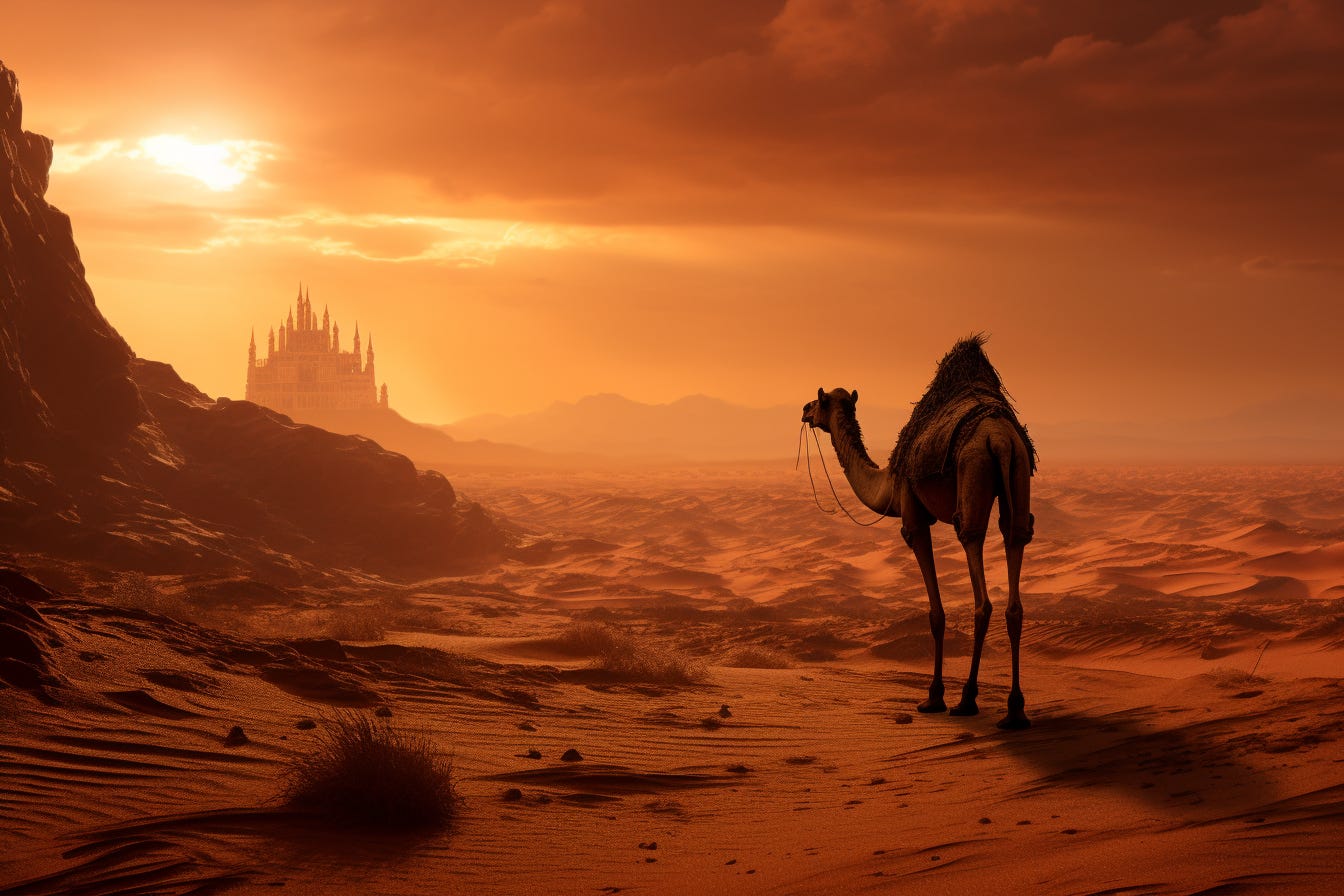 Camel in the desert, image by Midjourney