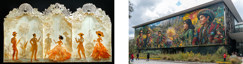 A split image showing two artworks: on the left, a detailed paper diorama featuring silhouettes of elegantly dressed figures with ornate backgrounds; on the right, a vibrant mural on a modern building depicting indigenous people and colorful landscapes.