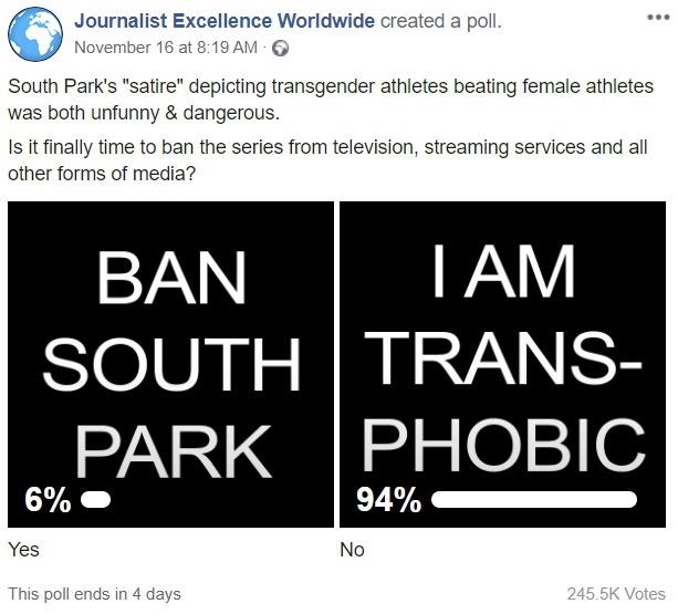 Journalist Excellence Worldwide created a poll. November 16 at 8:19 AM South Park's "satire" depicting transgender athletes beating female athletes was both unfunny & dangerous. Is it finally time to ban the series from television, streaming services and all other forms of media? ΙΑM BAN SOUTH TRANS- PARK PHOВІС 6% 94% Yes No This poll ends in 4 days 245.5K Votes