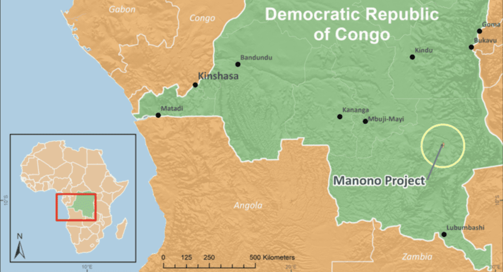 A map showing the location of the Manono Project in the Democratic Republic of Congo
