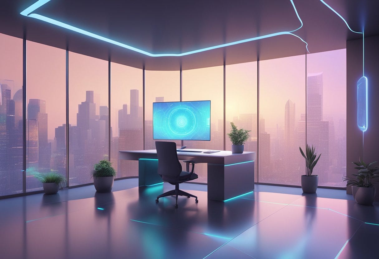 A futuristic AI system projecting holographic goal-setting visuals in a sleek, minimalist office space