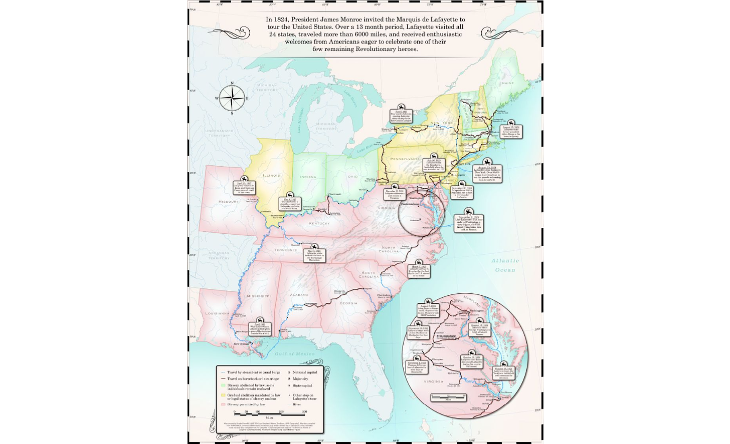 Map of the Marquis de Lafayette's 1824-1825 tour of the United States From:Norman B. Leventhal Map & Education Center Collection