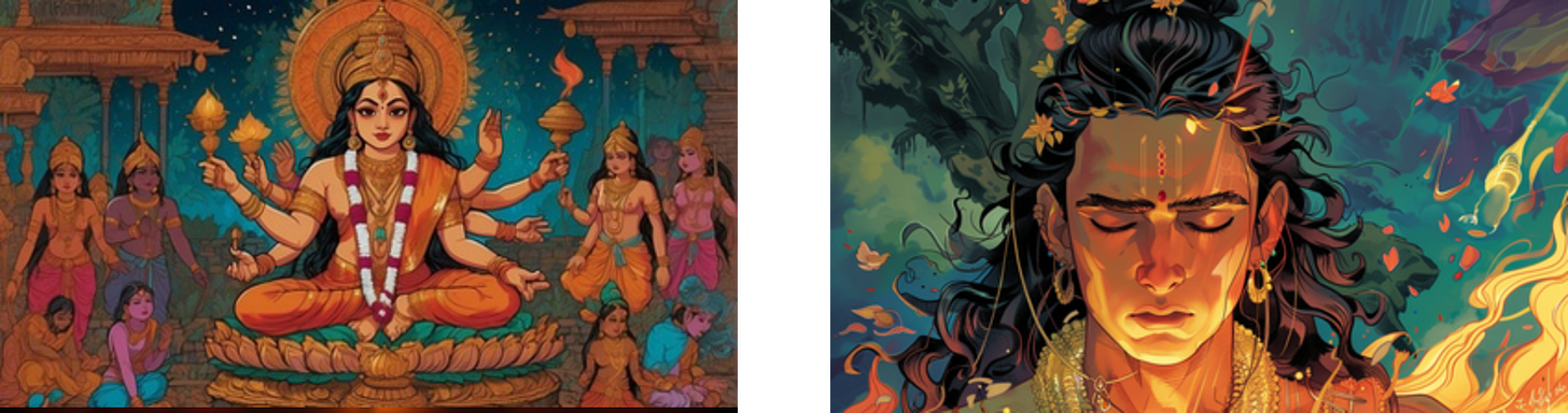 The image on the left is a vibrant illustration featuring a multi-armed deity seated in a lotus position, with an elaborate halo behind the head, surrounded by various figures in an act of worship or devotion, set against an intricately detailed temple backdrop and a starry sky.  On the right is a detailed and expressive illustration of a person with long dark hair adorned with leaves and flowers, with a contemplative or sorrowful expression. The background features a mix of warm and cool elements like fire and water, with fish and floating petals, suggesting a blend of natural elements and a mood of introspection.