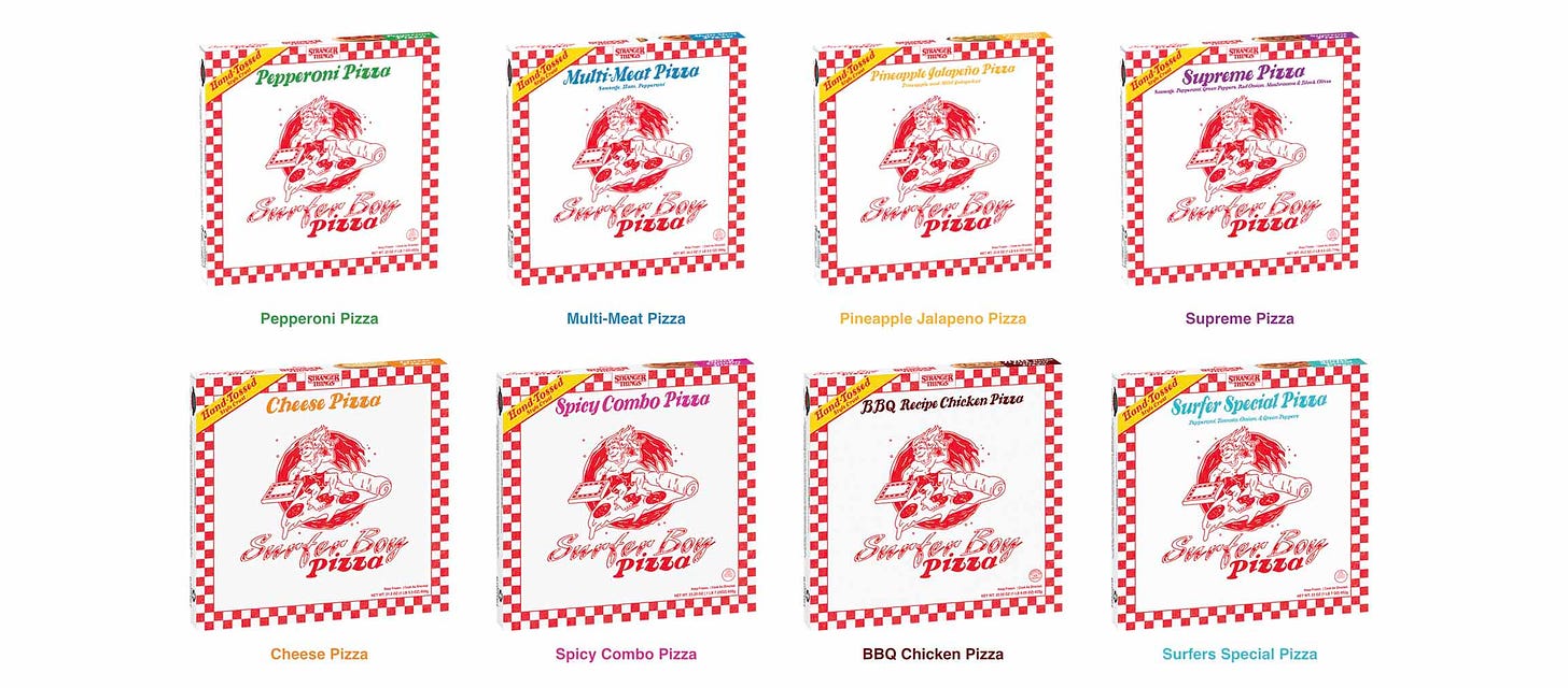 Screenshot from Palermo’s site showing boxes of the varieties of Surfer Boy pizza: Pepperoni Pizza - Multi-Meat Pizza - Pineapple Jalapeno Pizza - Supreme Pizza - Cheese Pizza - Spicy Combo Pizza - BBQ Chicken Pizza - Surfers Special Pizza