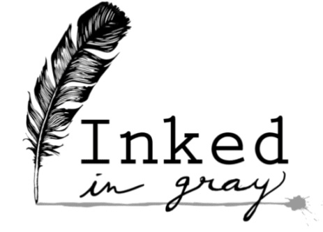 A black feather drawing a gray line under the text "Inked in Gray."