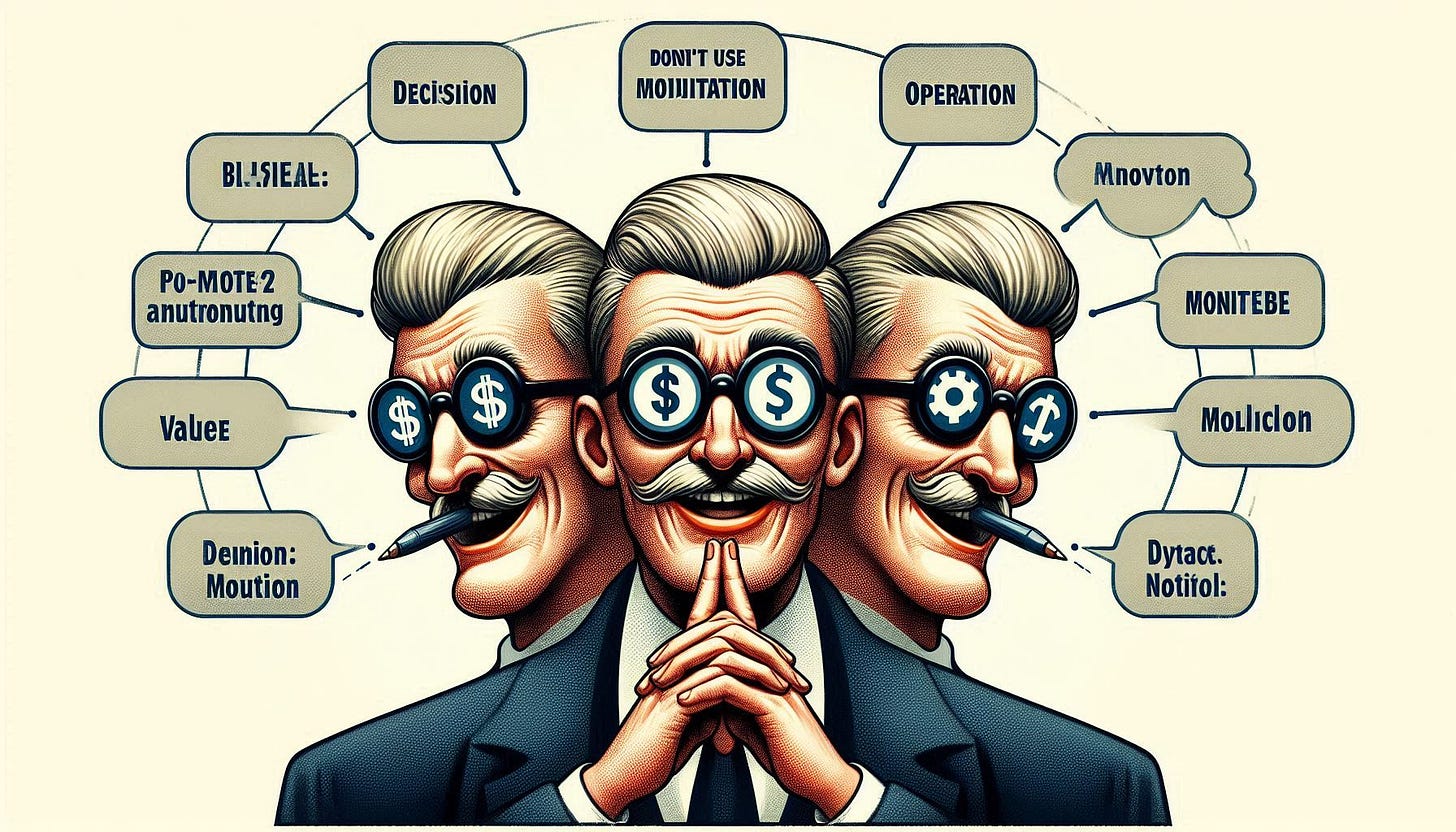 Caricatura satirica. No uses palabras ni números. El valor central es un marco replicable que conecta decisión, operación y monetización como tres vértices inseparables de la estrategia de datos.