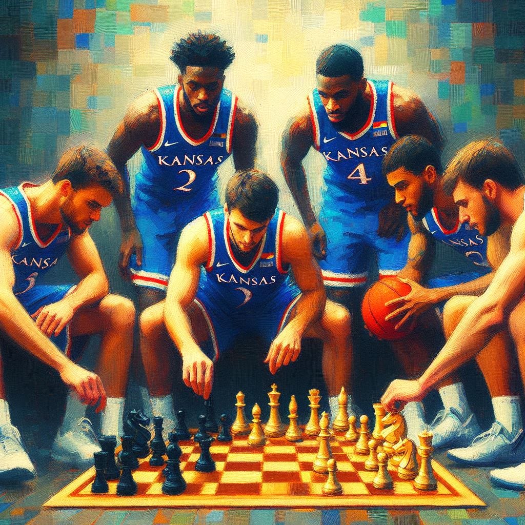 The Kansas Jayhawks basketball team moving pieces on a chessboard, impressionism