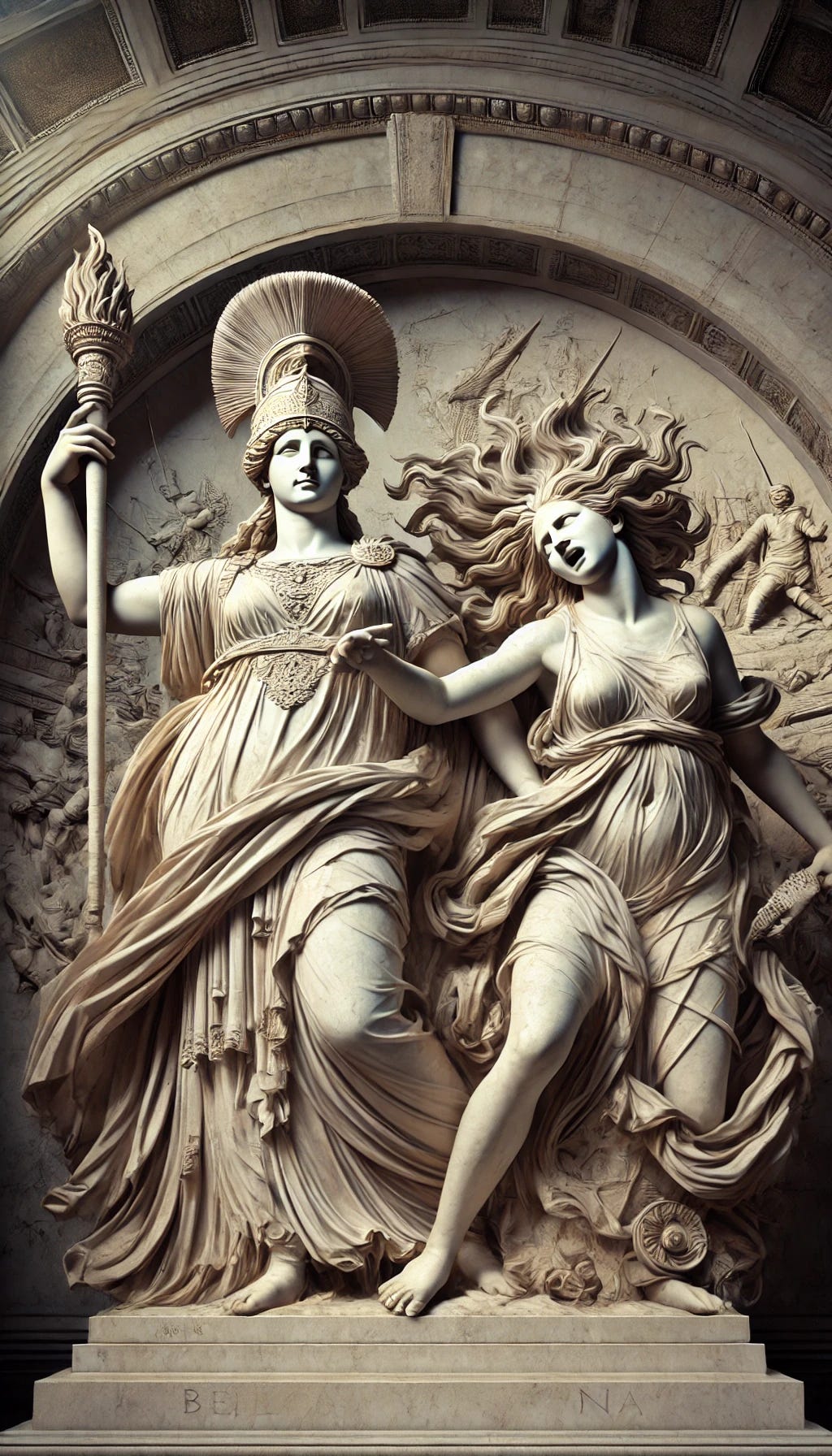 A grand marble statue depicting Bellona, the Roman goddess of war, alongside Discordia, the goddess of strife, inspired by classical sculptures. Bellona stands tall, wearing an intricately detailed plumed helmet and holding a sculpted torch, symbolizing the fire of war. Her flowing robes are finely carved, evoking the grandeur of ancient Roman artistry. Beside her, Discordia is depicted with wild, wind-swept hair, her face contorted in a mischievous yet commanding expression. She clutches an emblem of chaos, such as a broken sword or a serpent, symbolizing conflict and unrest. The background relief is filled with battle scenes and disorderly clashes, enhancing the contrast between war and strife. The lighting casts soft shadows, giving depth to the statue's craftsmanship. The entire sculpture appears weathered yet timeless, as if standing in an ancient temple. Created using: realistic marble texture, classical sculpture style, high-detail carving, intricate drapery folds, strong composition, balanced lighting, high-definition quality, natural stone aesthetic --ar 9:16