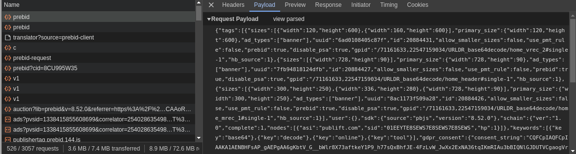 The HTTP POST payload of the prebid to criteo.com. The data format is a JSON array and contains info about the domain, ad-slot sizes, keywords, publisher id, ad types, gdpr consent, etc.