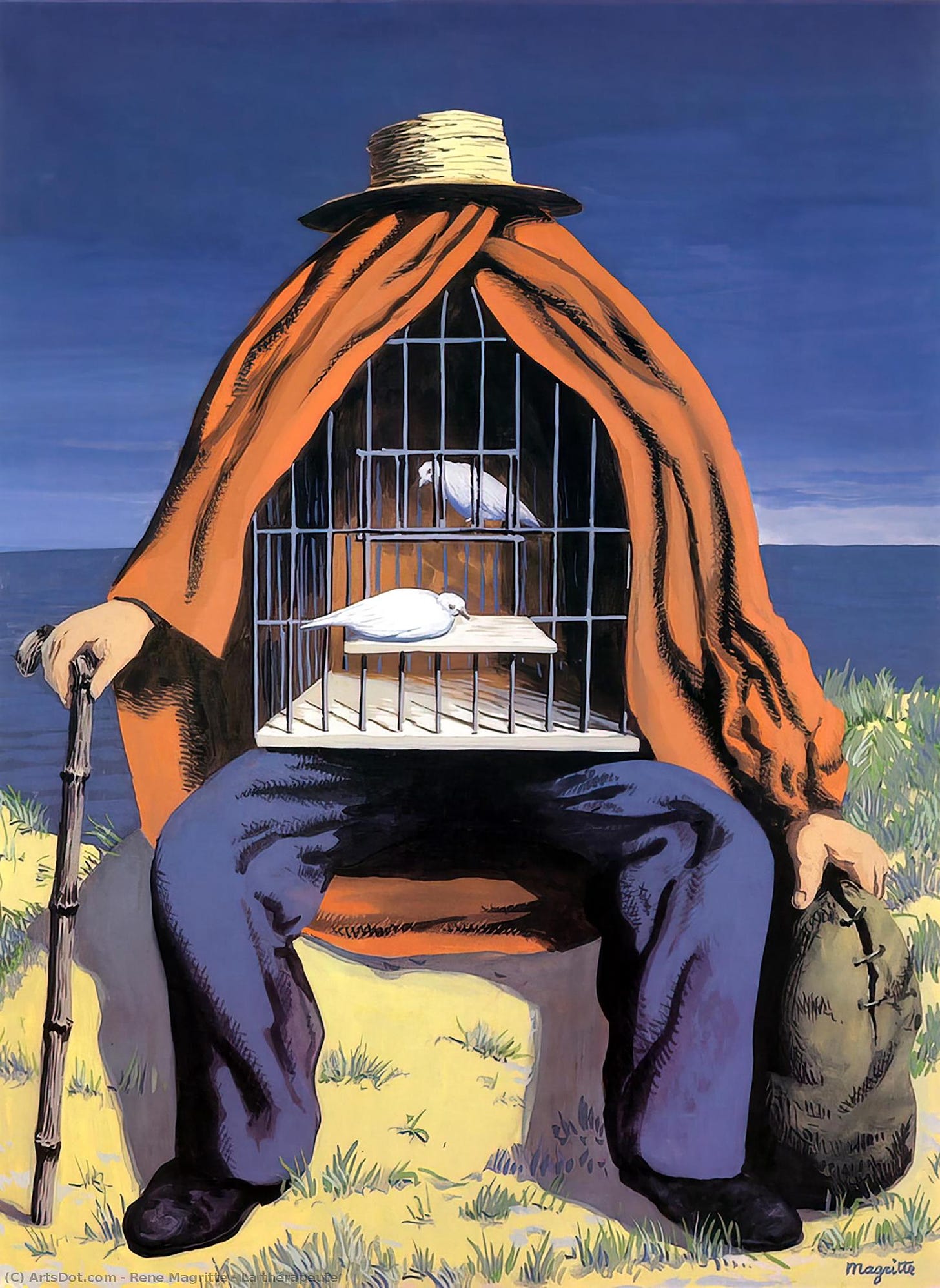 A man sits in a chair, a bird cage on his lap contains two white doves, the cage's cover pulled back and a hat perched atop the cage, no face or head.