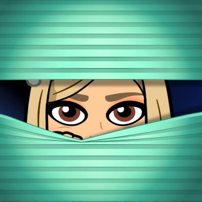 Bitmoji of the author peeking out from between the blinds. Only her intense brown eyes show.