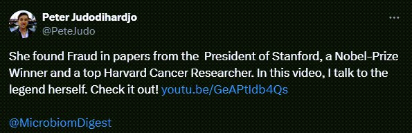 Pete Judo tweets: She found Fraud in papers from the  President of Stanford, a Nobel-Prize Winner and a top Harvard Cancer Researcher. In this video, I talk to the legend herself. Check it out!