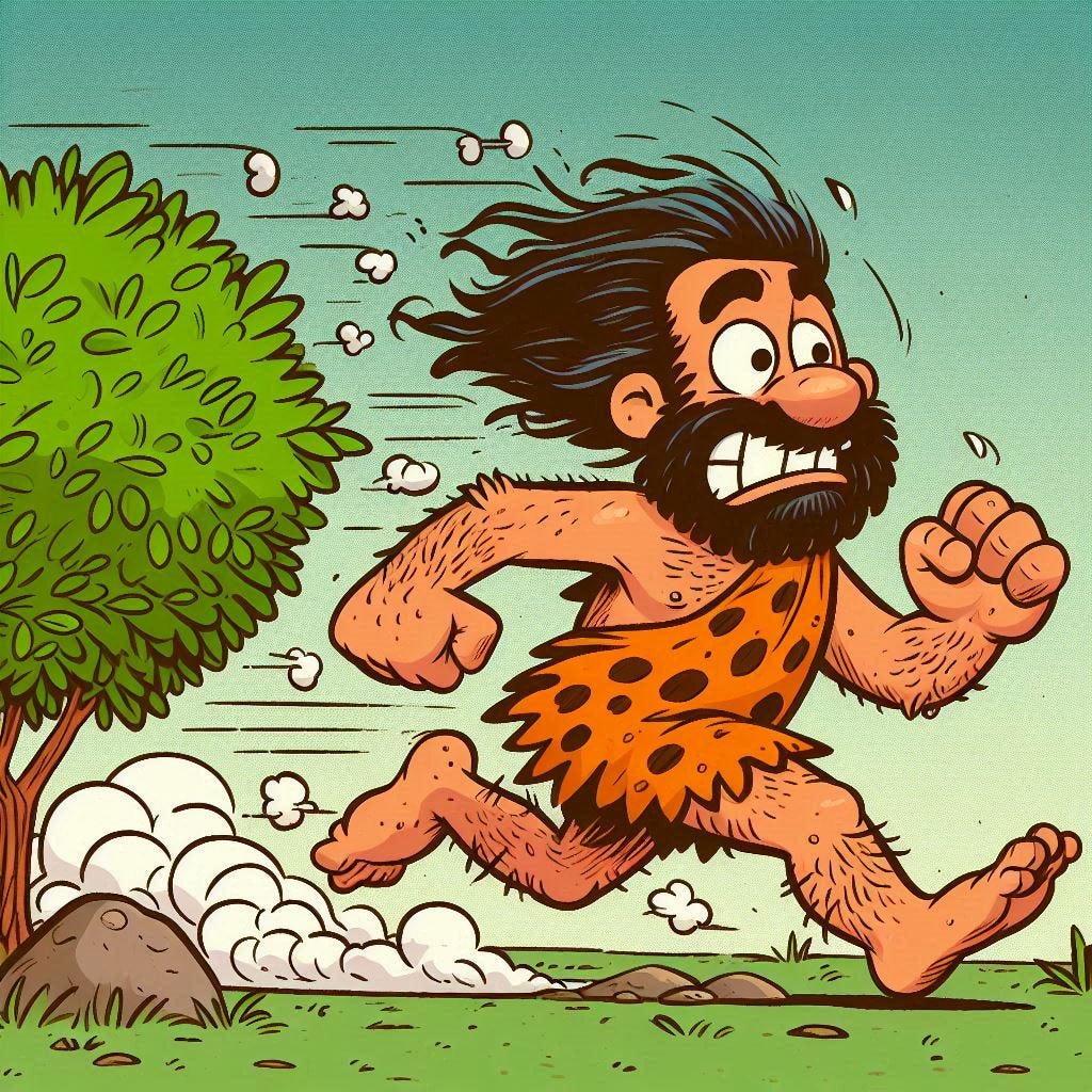 a cartoon caveman, running away from a rustling bush