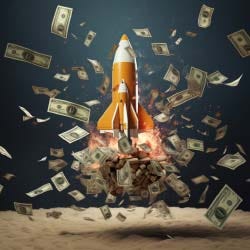 Rocket taking off with money symbols flying out behind it penny stocks to buy