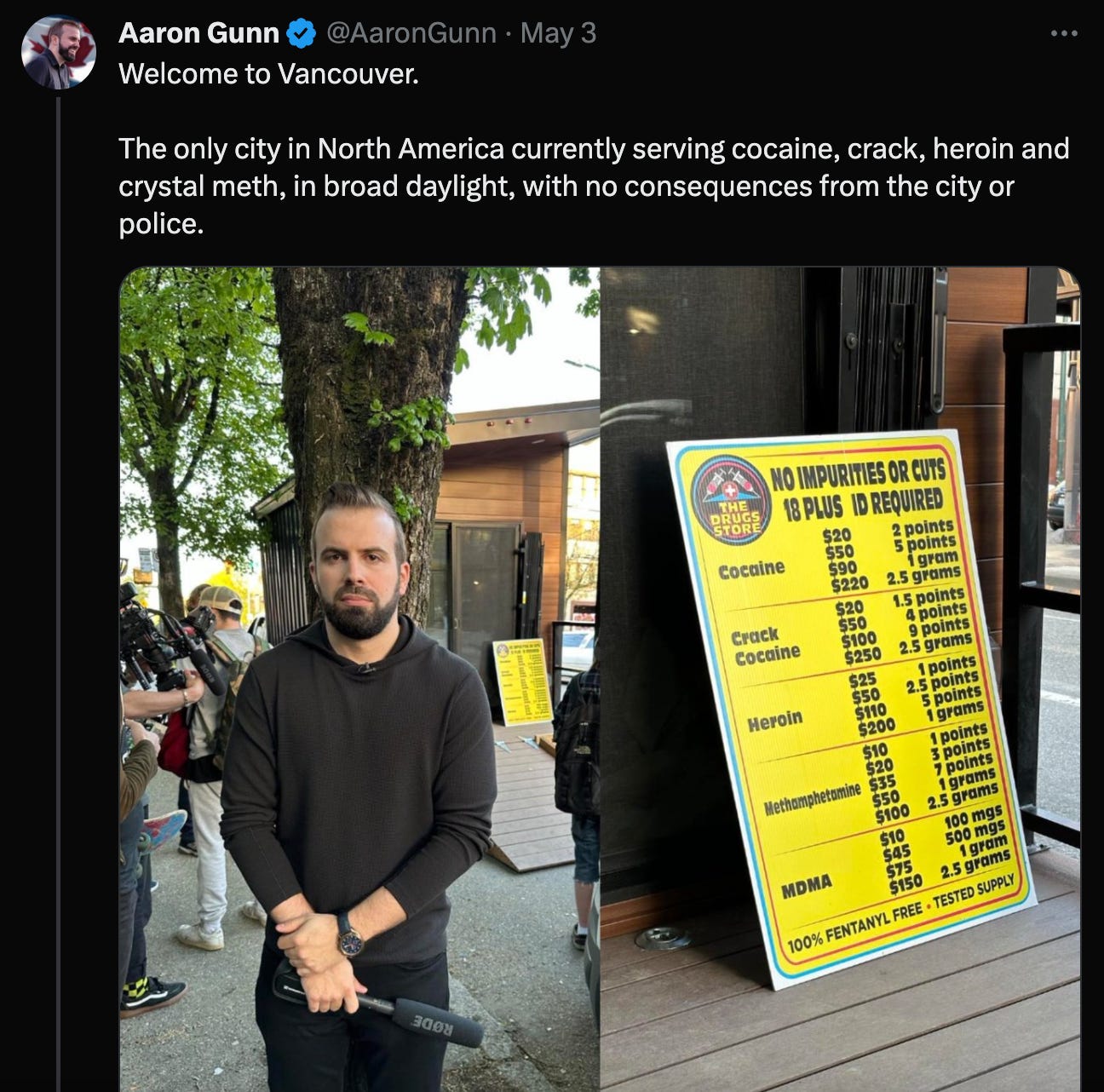 An Aaron Gunn tweet showing him by the pop-up shop. the tweet says: "Welcome to Vancouver.   The only city in North America currently serving cocaine, crack, heroin and crystal meth, in broad daylight, with no consequences from the city or police."