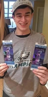 A January 2018 photo shows Cole Fitzgerald of Washington Township with tickets to attend Super Bowl LII in Minneapolis.