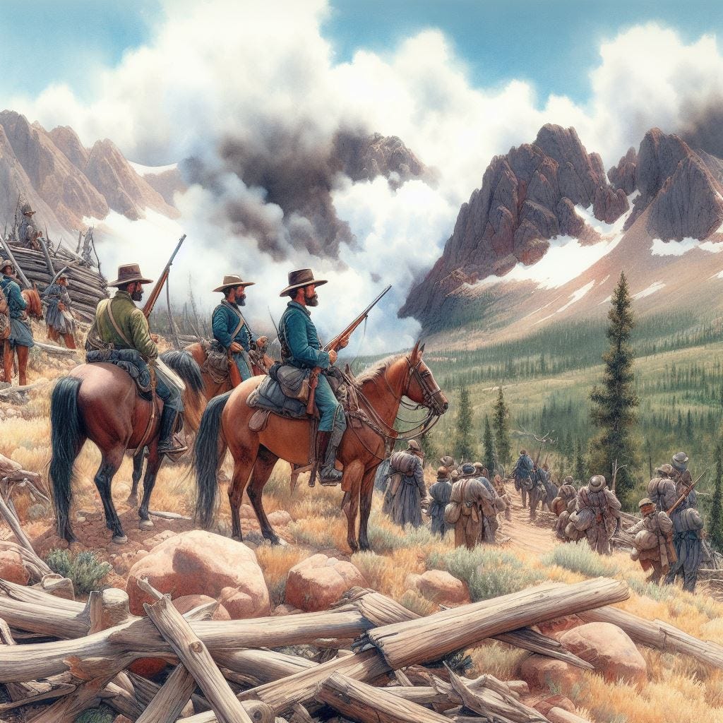 The Colorado Civil War taking place in the Rocky Mountains, watercolor