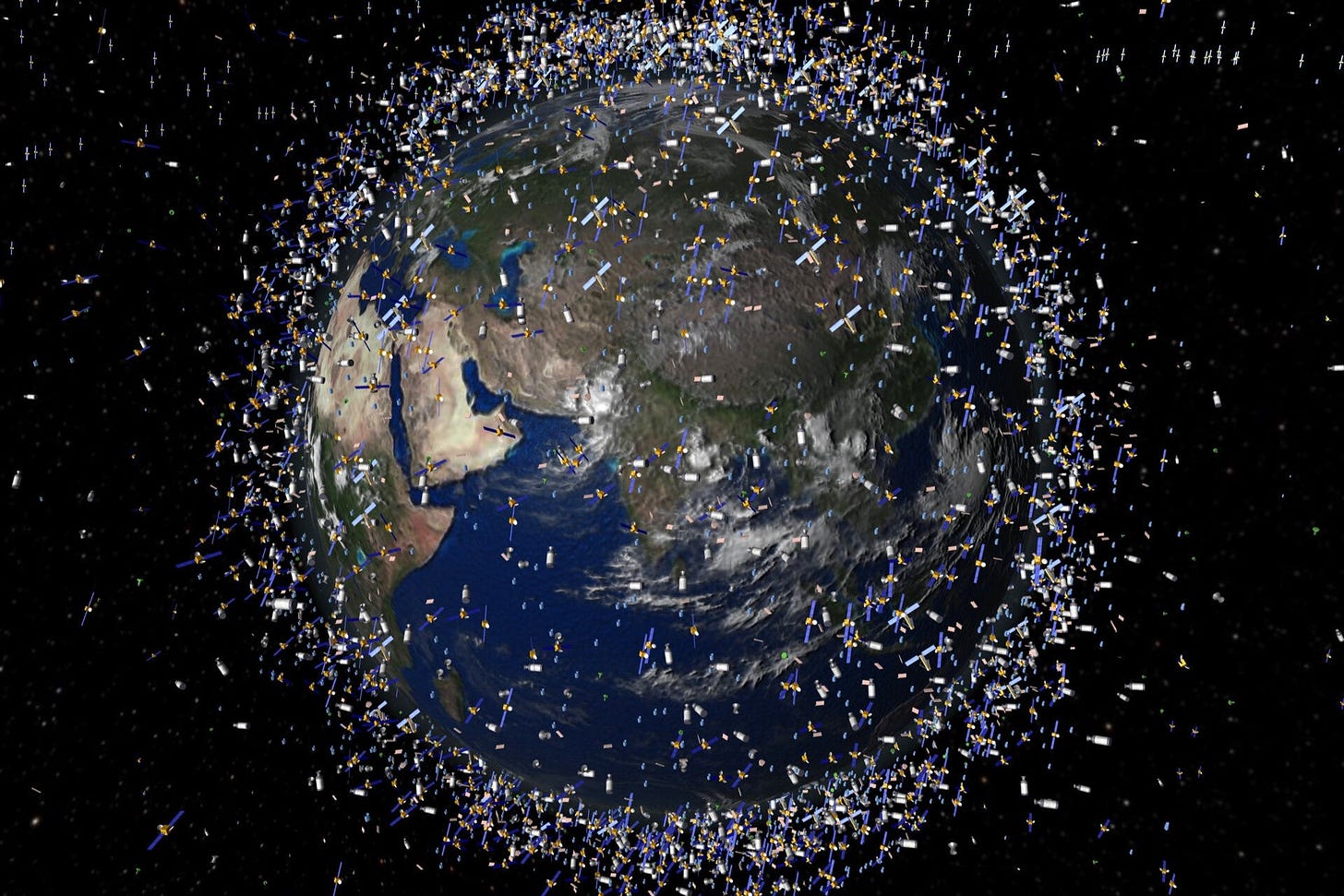 A visualisation by the European Space Agency of satellites in Earth’s orbit. The majority of the satellites are a part of the SpaceX Starlink constellation. Satellite tracking website “Orbiting Now” is tracking more than 7,800 in low-Earth orbit on Thursday.