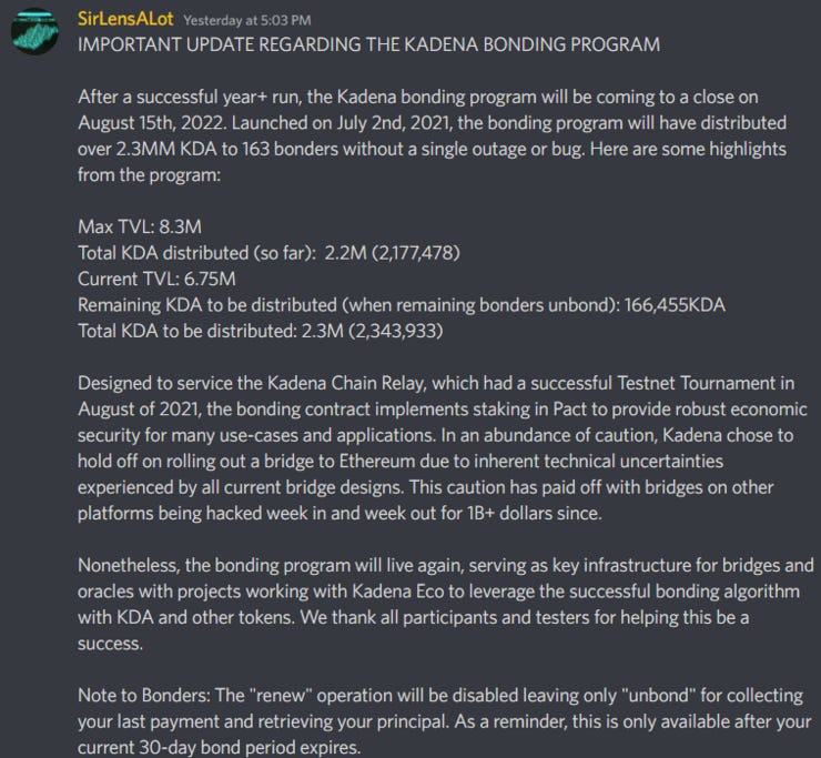 A note regarding the Kadena Bonding Program from Stuart