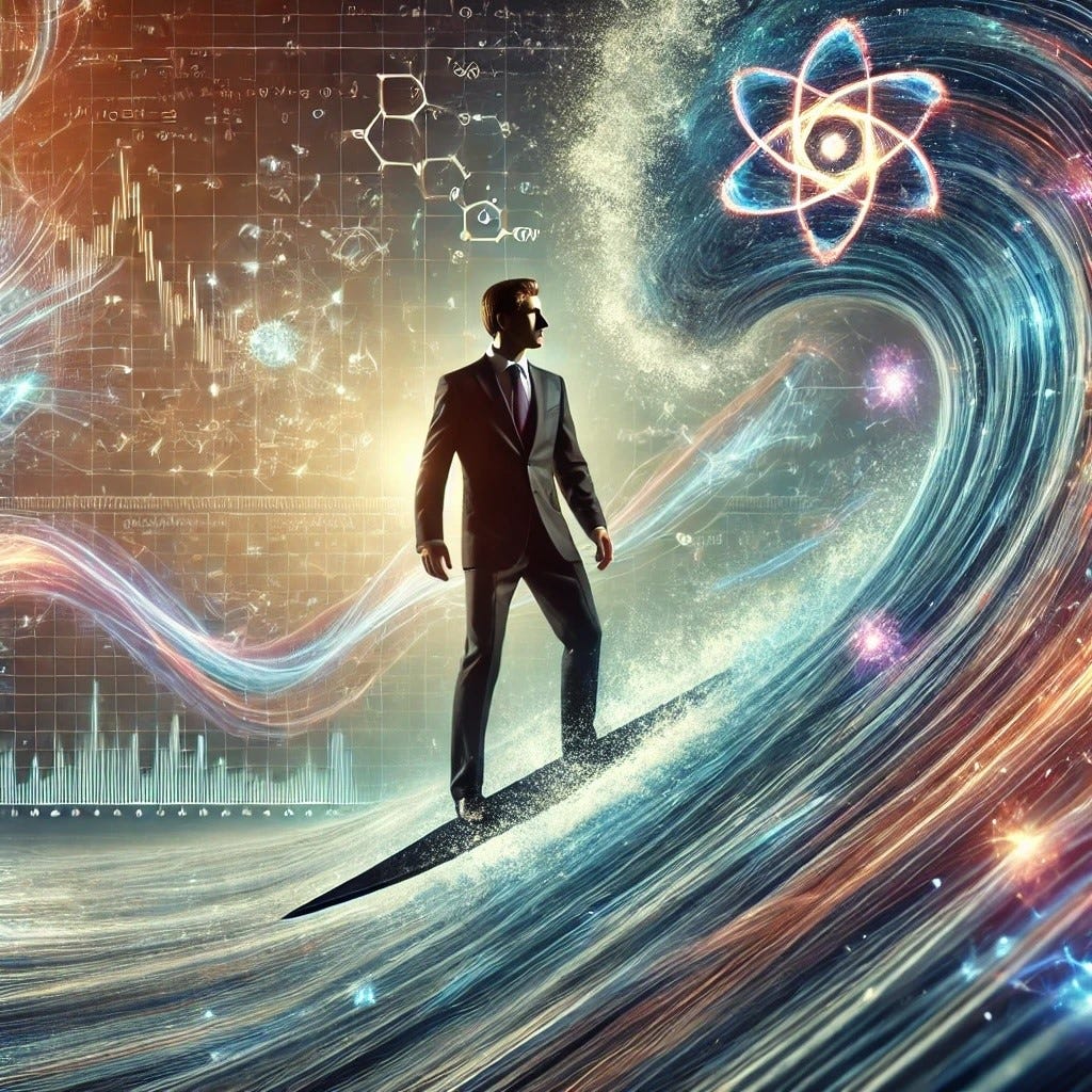 A person in a suit standing on a wave

Description automatically generated