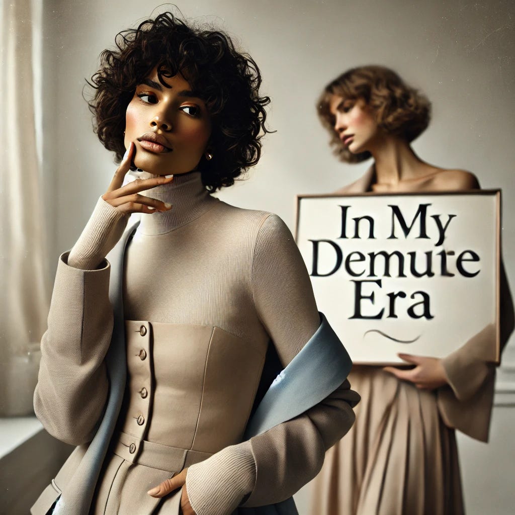 A hyper-realistic image of a stylish mixed-race person in a calm and modest pose, reflecting the 'in my demure era' aesthetic. The person is dressed in elegant, minimalist fashion, with muted tones like beige, soft blues, or pastel shades, evoking a vintage yet modern vibe. The image should have a subtle grain effect, making it look like a real photograph. A clear and readable sign saying 'In My Demure Era' is prominently displayed in the background or incorporated into the scene, written in graceful, delicate lettering but with enough contrast to stand out. The overall atmosphere should feel serene, sophisticated, and trendy, with soft lighting and a chic fashion-forward setting.