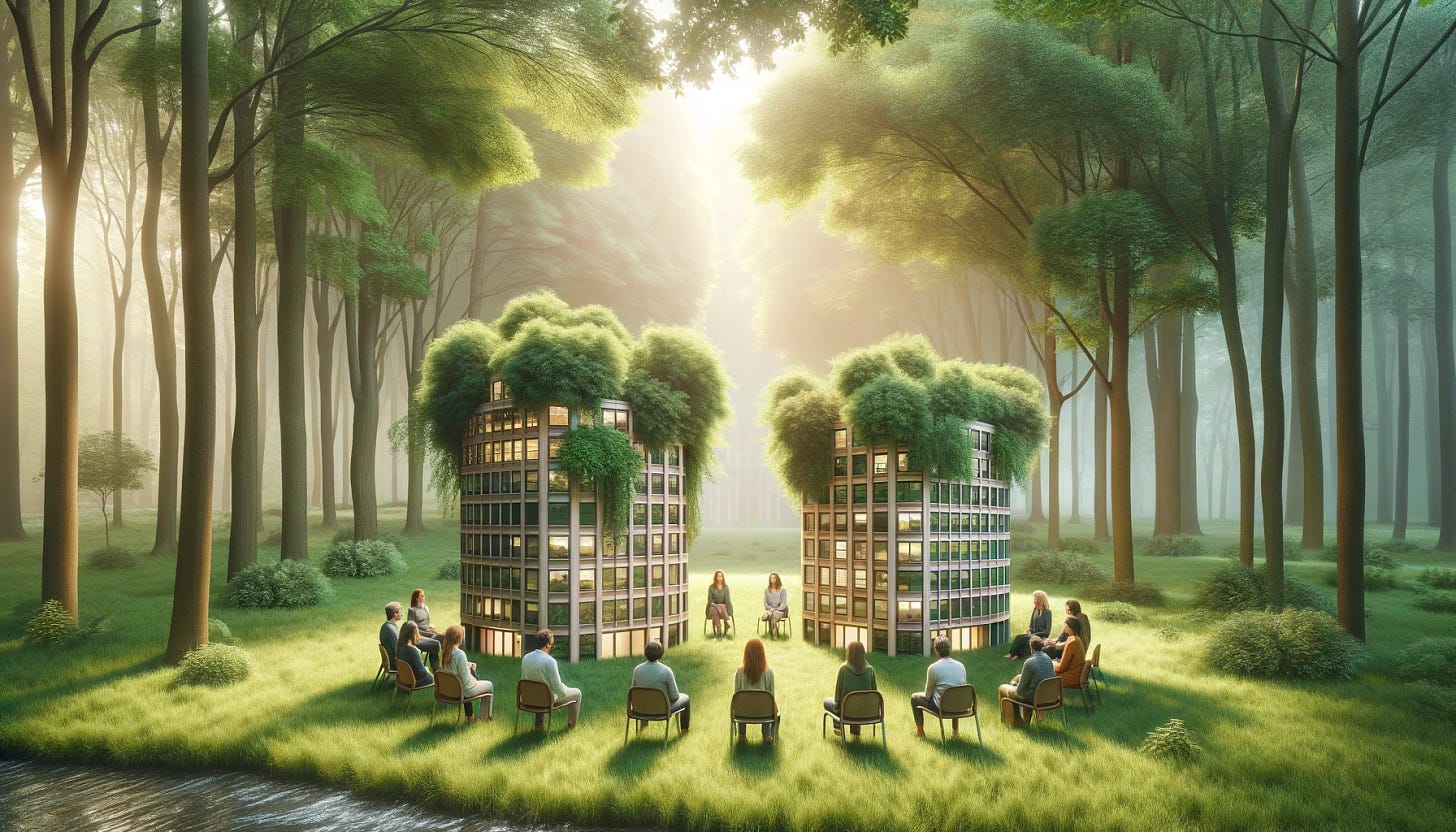 A warmly lit image of a clearing in the forest, where a circle of people are sitting in chairs. Among the chairs are two office buildings, covered in greenery. 
