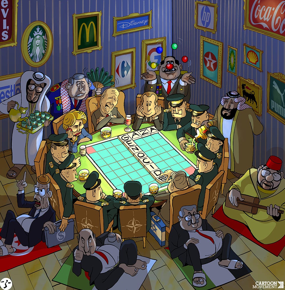 Cartoon showing politicians and high military official splaying scrabble. The words on the scrabble board spell ‘genocide’ and ‘Gaza’. On the wall are the logos of big brands like Starbucks and Disney, hanging in ornate frames.