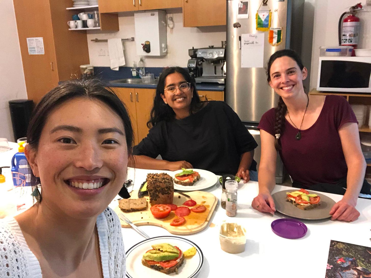 A selfie with Jenny (Asian woman with hair in ponytail and knitted top), Dhanya (brown woman with glasses, wavy dark hair and a black airy top), and Emily (Pākeha woman with long brown braid coming over her shoulder, maroon t-shirt and pounamu necklace). They are sitting at a table with plates of bread, tomatoes, hummus, and avocado in front of them.