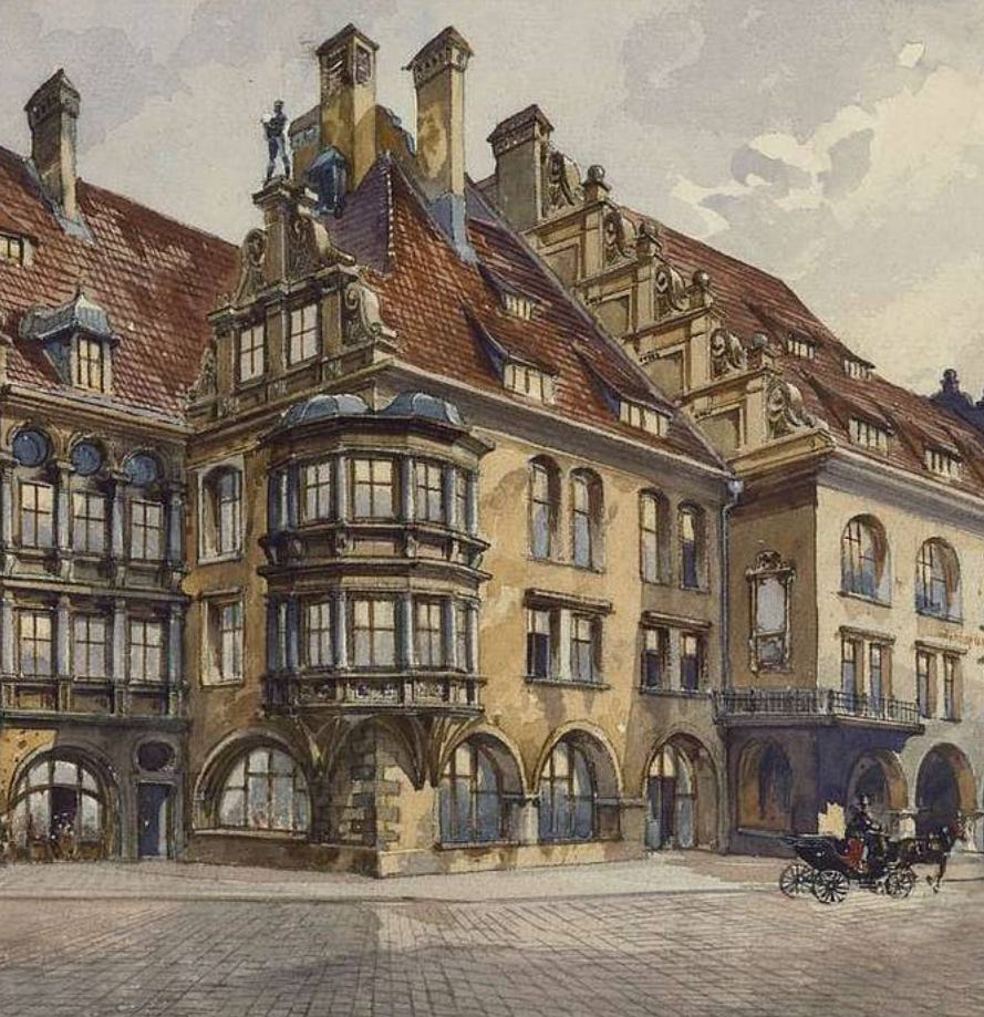 A watercolour painting of a building. It's actually pretty good, with plenty of detail.
