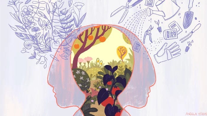 Illustration of two silhouette heads.  Where they overlap, we see a window into a hidden garden.