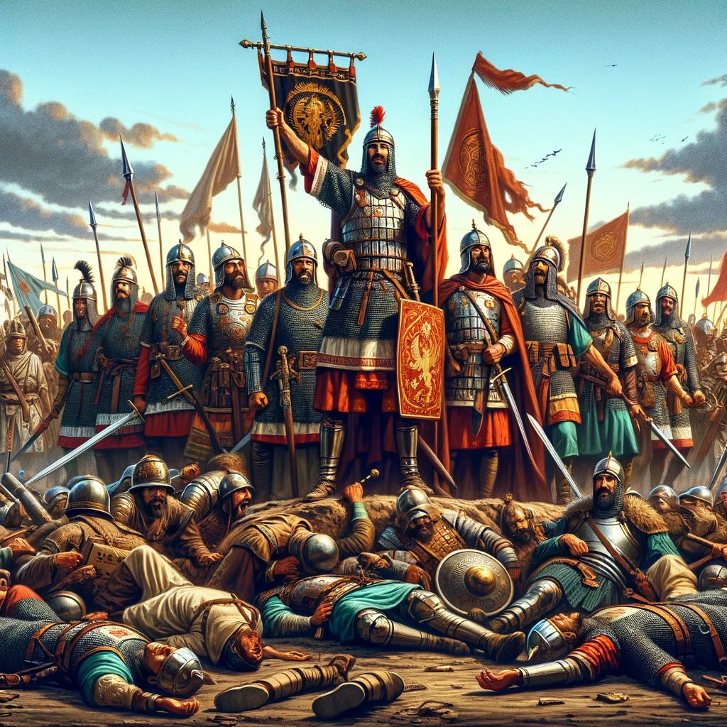 A dramatic illustration of a victorious army triumphing over a defeated one. The scene depicts a diverse array of soldiers in ancient armor, representing the victorious army, standing tall and proud on a battlefield. They hold flags and weapons aloft, showing their strength and unity. In contrast, the defeated army, consisting of soldiers of various ethnicities, looks disheartened and beaten, some lying on the ground and others retreating in the background. The setting is a historic battlefield with a dramatic sky overhead, symbolizing the aftermath of a significant battle.