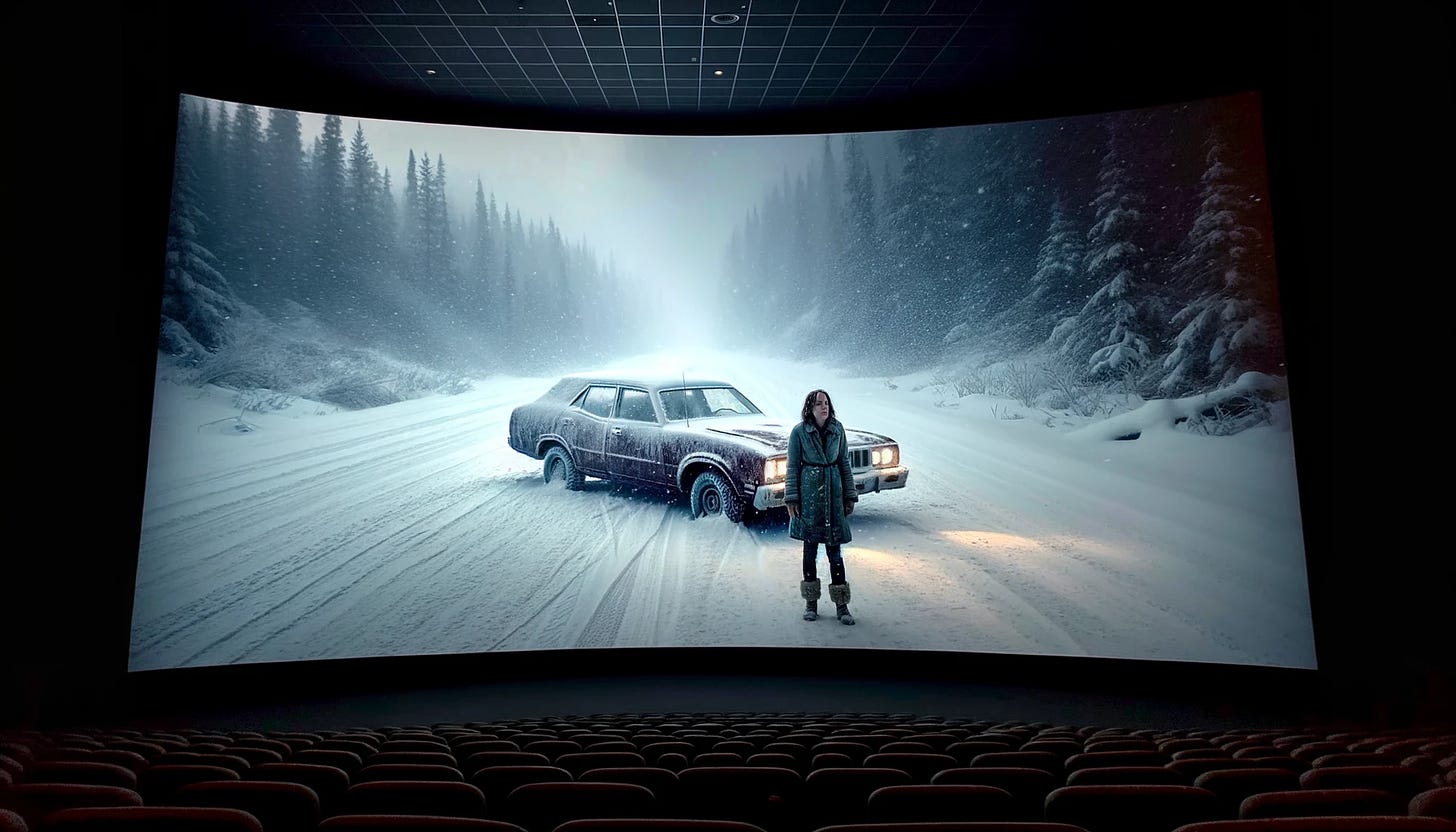A wide cinematic frame showing a woman in her mid-30s, appearing distressed and overwhelmed, standing near a small, ill-equipped car slowly spinning out of control on a snowy road. The heavy snowfall and vast, snow-covered landscape around her emphasize her struggles and the harsh environment. The image captures the essence of a pivotal, challenging moment in a theatrical film.