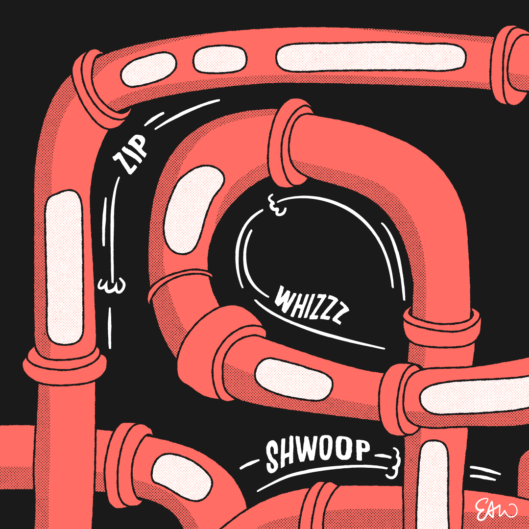 Panel 3 of 4 of a web comic drawn in a retro style with half tones for shading. A series of intertwined tubes are shown with accompanying hand-lettered sound effects such as zip, whiz, and swoop, to illustrate how the message is moving within the network of pneumatic tubes.