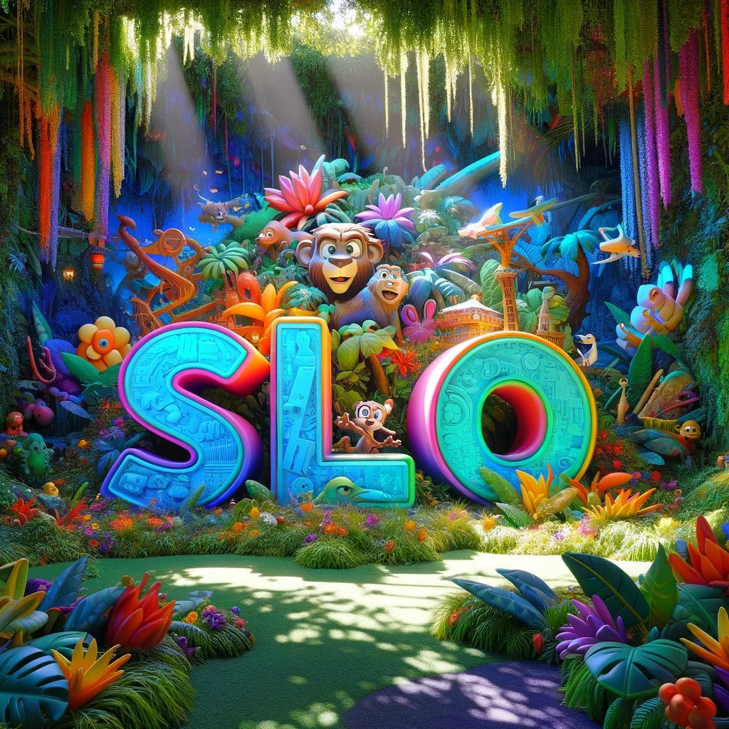 A vibrant, colorful cartoonish jungle setting with the word "SLO" prominently featured in the center. The letters are designed in a playful, bold font, capturing the essence of a fun and adventurous environment. Surrounding the word are lush, green foliage, exotic flowers in bright colors, and occasional glimpses of cartoon animals peeking from behind the vegetation. The scene is lit with dappled sunlight filtering through the canopy, giving the whole image a lively, energetic feel. The composition balances the natural beauty of a jungle with a whimsical, cartoonish charm.