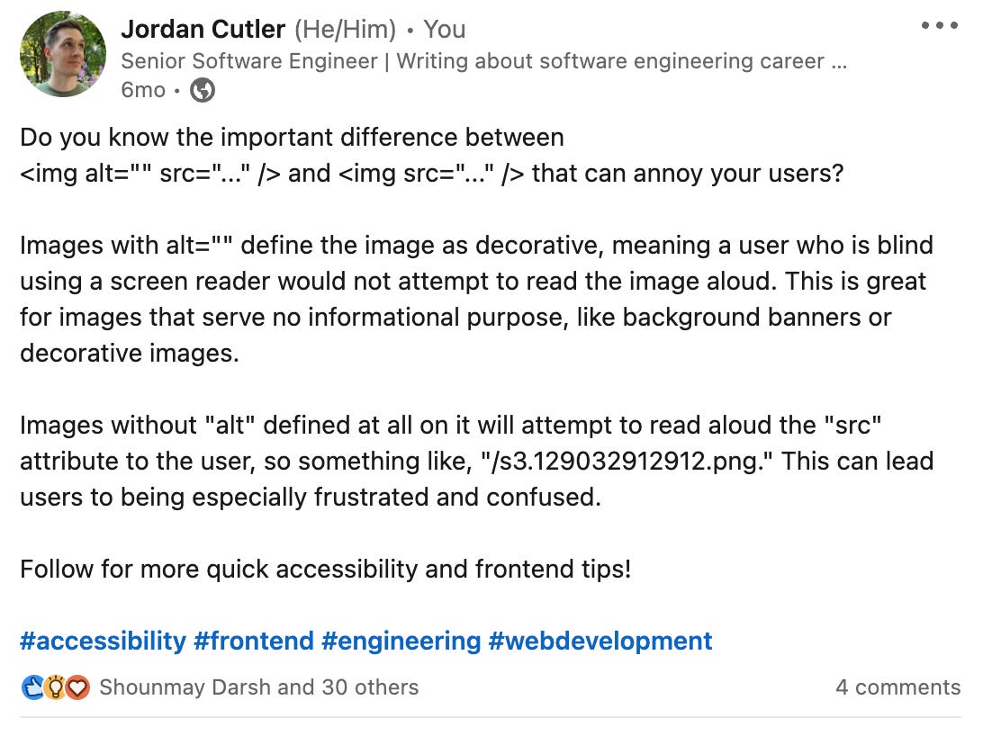 First post made on LinkedIn by Jordan, talking about image alt text. Post has 30 likes