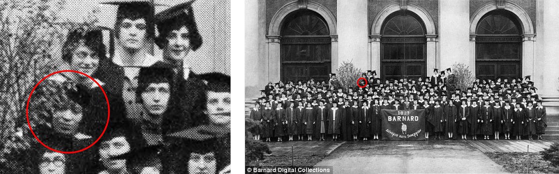 Two black and white photos: one shows about a hundred young women posing for a graduation picture in front of a campus building; the other shows a close-up of a young Black woman's face in the sea of white faces